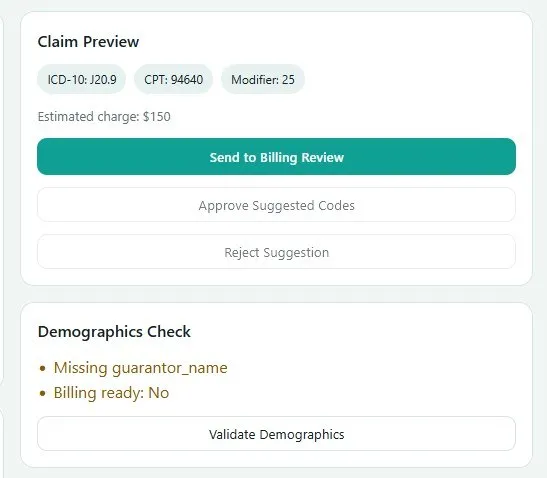 Cannect claim preview showing suggested ICD-10 and CPT codes, estimated charge, and demographics check