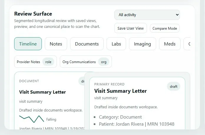 Cannect review surface with timeline, notes, documents, labs, imaging, and medications tabs